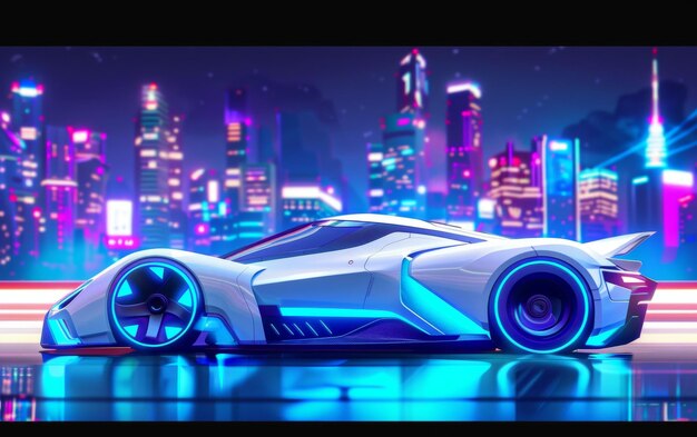 Ein schlankes futuristisches Auto glänzt unter Neonlichtern in einem lebendigen Cyberpunk-Stadtbild, das Hightech-Vibes und fortschrittliches städtisches Design widerspiegelt.