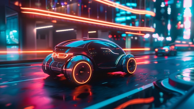 Ein schlankes futuristisches Auto glänzt unter Neonlichtern in einem lebendigen Cyberpunk-Stadtbild, das Hightech-Vibes und fortschrittliches städtisches Design widerspiegelt.