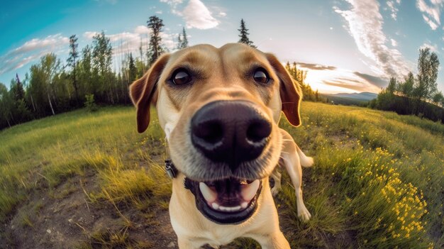 Ein schlauer Hund macht im Park ein Selfie, das seine technisch versierte Seite und die ansteckende Freude an der KI zeigt