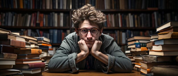 Ein schlauer Schüler hält ein Buch in der Hand und sitzt auf dem Boden unter Bücherregalen in einer modernen Universitätsbibliothek.