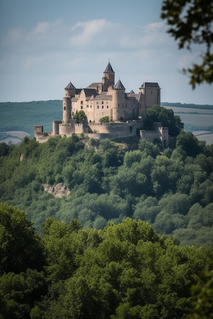 Ein Schloss auf einem Hügel mit Bäumen im Hintergrund