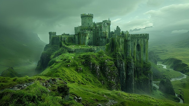 ein Schloss auf einem Hügel mit einem mit grünem Gras bedeckten Hügel im Hintergrund