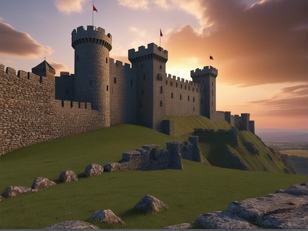 ein Schloss befindet sich auf einem grasbewachsenen Hügel mit einer roten Flagge an der Spitze
