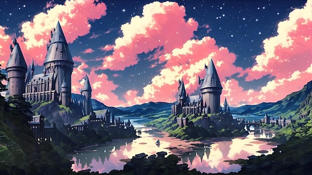 Ein Schloss im Himmel mit einem rosa Himmel und dem Wort darauf