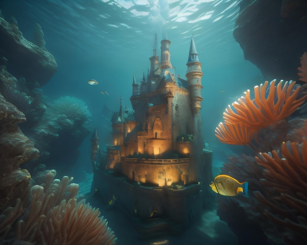 Ein Schloss im Ozean mit einem Schloss auf dem Grund.