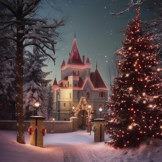 Ein Schloss im Schnee mit einem Weihnachtsbaum im Vordergrund