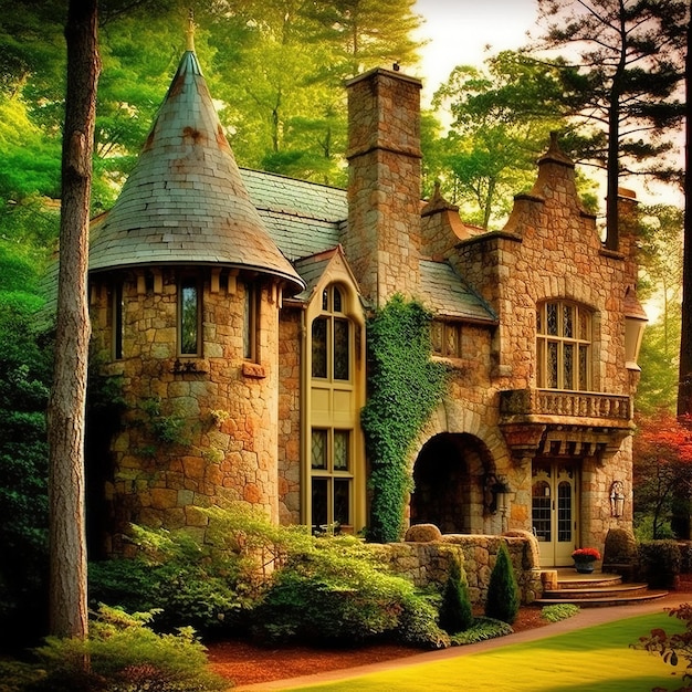 Ein Schloss im Wald mit einem grünen Baum im Hintergrund