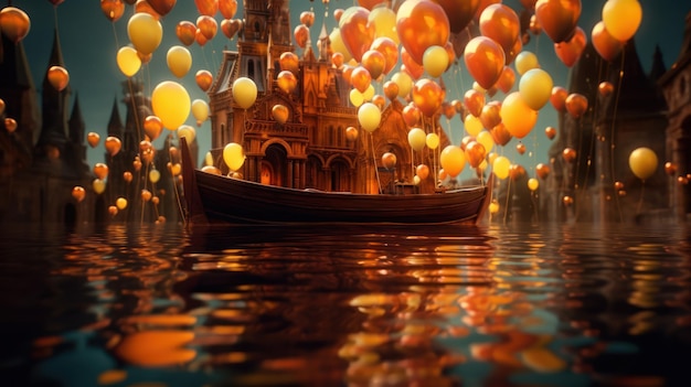 Ein Schloss im Wasser, über dem Luftballons schweben