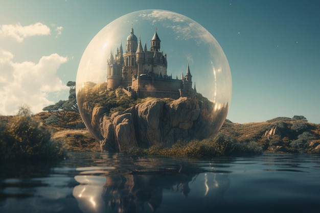 Ein Schloss in einer Blase mit dem Mond im Hintergrund