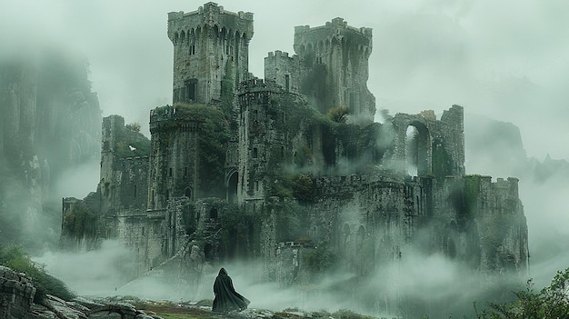 ein Schloss mit einem Mann auf der Vorderseite und einem Schloss im Hintergrund