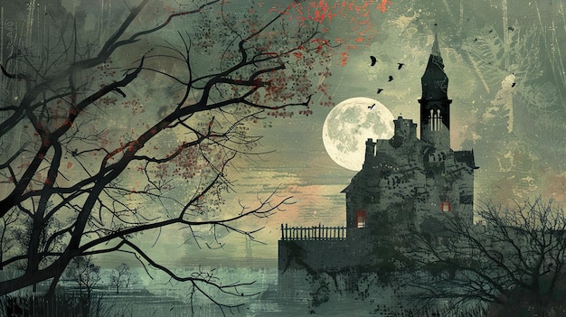 ein Schloss mit einem Vollmond am Himmel