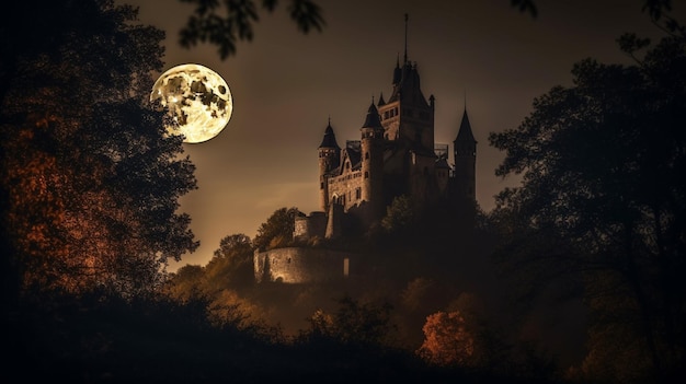 Ein Schloss mit Vollmond im Hintergrund