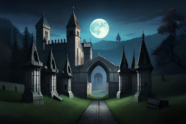 Ein Schloss mit Vollmond im Hintergrund