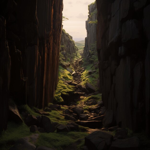 ein schmaler Pfad durch eine Höhle mit grüner Mooslandschaft.