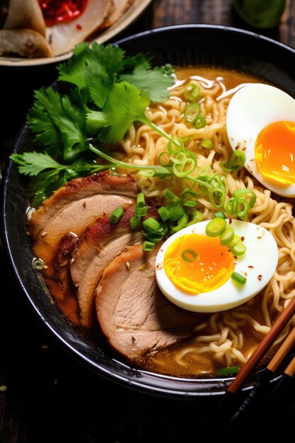 Ein schmerzhaftes Bild einer würzigen Schüssel mit Ramen-Nudeln mit Teilen zartes Schweinefleisch