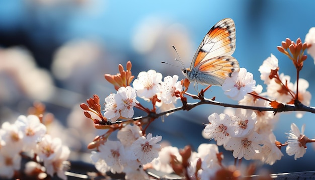 ein Schmetterling auf einem Ast mit dem Himmel im Hintergrund