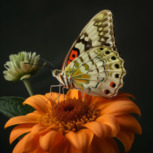 Ein Schmetterling auf einer Blume mit schwarzem Hintergrund