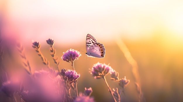 Ein Schmetterling fliegt im Sonnenuntergang