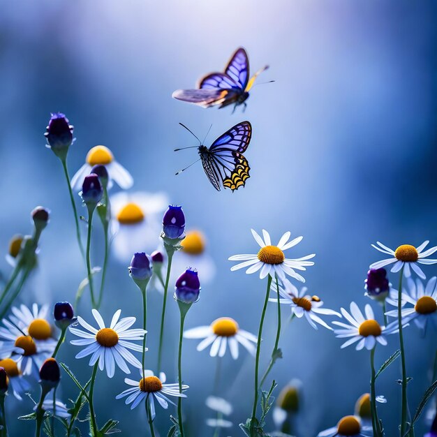 Foto ein schmetterling fliegt über eine blume mit einem schmetterlein darauf