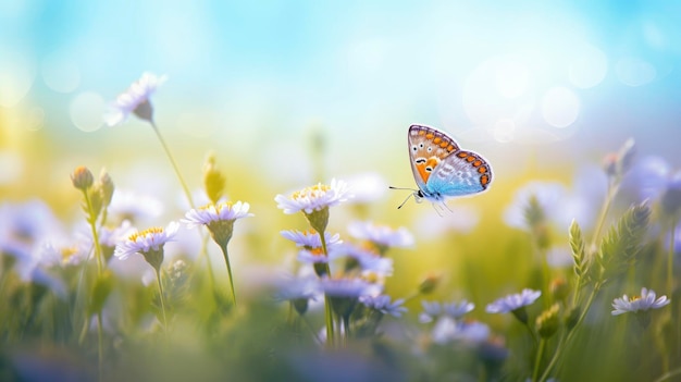 Ein Schmetterling fliegt über eine Blumenwiese.