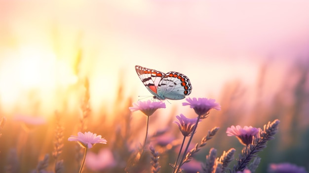 Ein Schmetterling fliegt über eine lila Blume, hinter der die Sonne untergeht