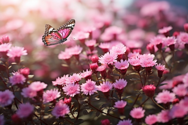 Ein Schmetterling fliegt über eine rosa Blume.