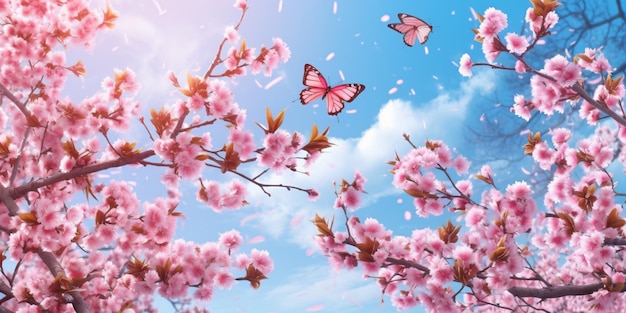 Ein Schmetterling fliegt über einen Baum mit rosa Blüten