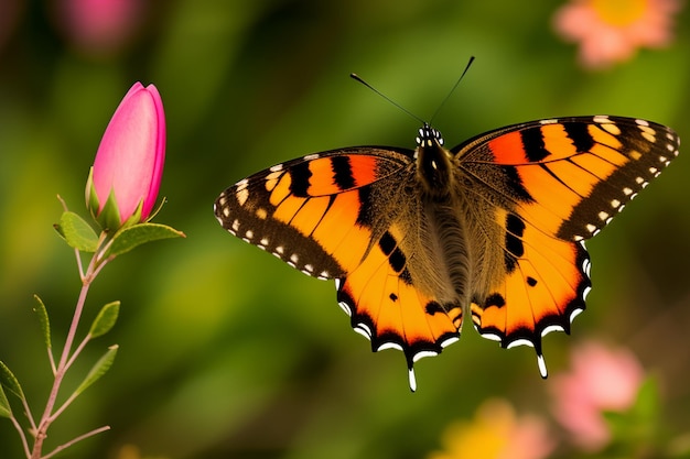 Ein Schmetterling fliegt vor einer Magnolienblüte.