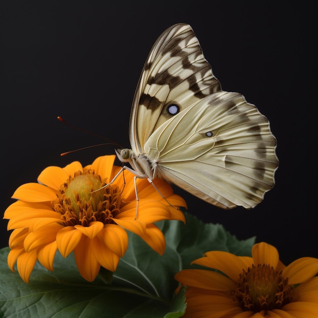 Ein Schmetterling ist auf einer Blume mit schwarzem Hintergrund.