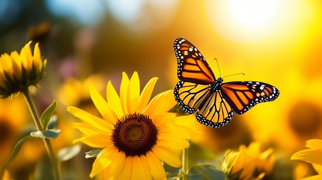 ein Schmetterling ist auf einer Sonnenblume mit einem Schmetterlein auf der Rückseite