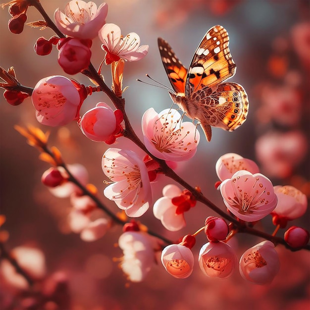 Ein Schmetterling landet auf einem blühenden Kirschzweig