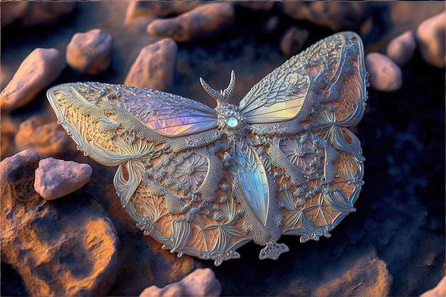 Ein Schmetterling mit blauem Gesicht sitzt auf Felsen.