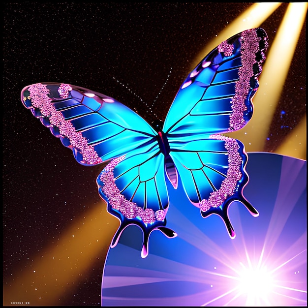 Ein Schmetterling mit blauem Hintergrund und der Aufschrift „Butterfly“ darauf