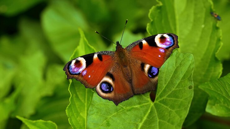 Foto ein schmetterling mit blauen augen sitzt auf einem grünen blatt.