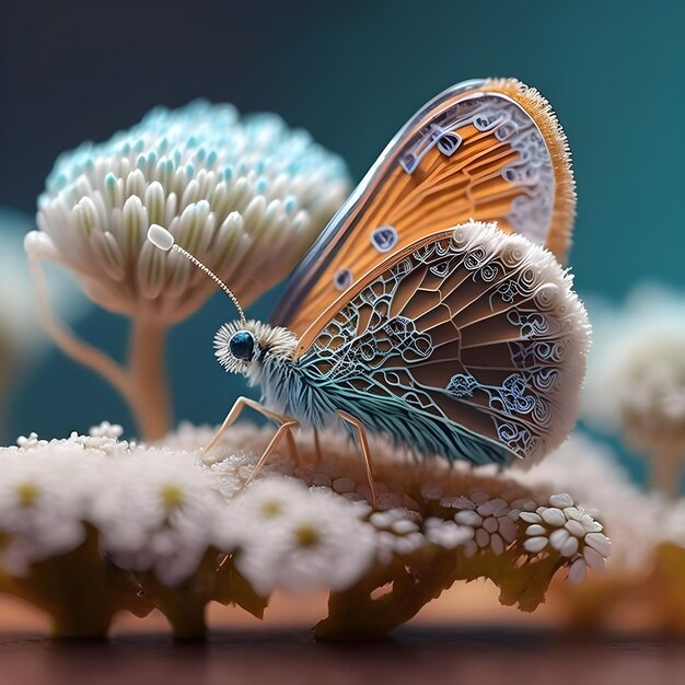 Ein Schmetterling mit blauen und orangefarbenen Flügeln sitzt auf einer blumigen Pflanze.