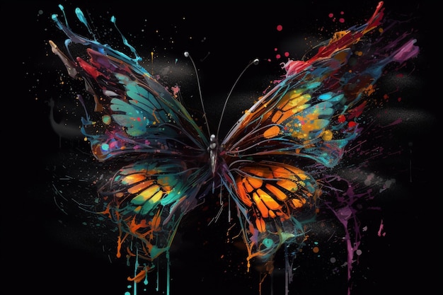Ein Schmetterling mit bunten Flügeln auf schwarzem Hintergrund