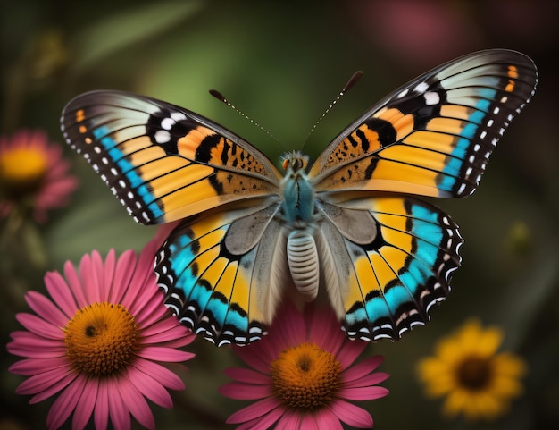 Ein Schmetterling mit einem blauen und orangefarbenen Flügel und orangefarbenen Flügeln befindet sich auf einer rosa Blume.