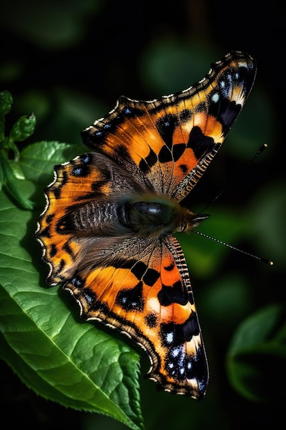 Ein Schmetterling mit einem schwarz-orangen Muster sitzt auf einem grünen Blatt.