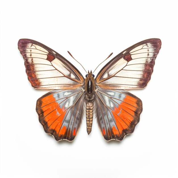 Ein Schmetterling mit orange-weißen Flügeln und weißem Hintergrund