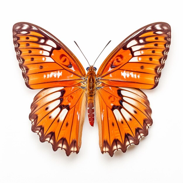 Foto ein schmetterling mit orangefarbenen flügeln und dem wort „monarch“ auf der oberseite.