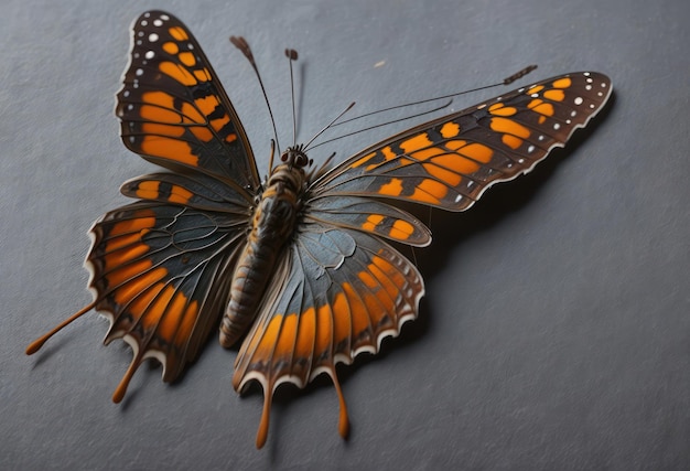 Ein Schmetterling mit orangefarbenen Flügeln und schwarzen Flügeln liegt auf einer grauen Oberfläche.