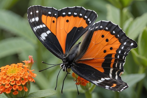 Ein Schmetterling mit orangefarbenen Flügeln und schwarzen und orangaroten Flügeln sitzt auf einer Blume