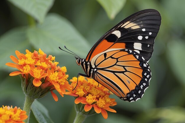 Ein Schmetterling mit orangefarbenen Flügeln und schwarzen und orangaroten Flügeln sitzt auf einer Blume