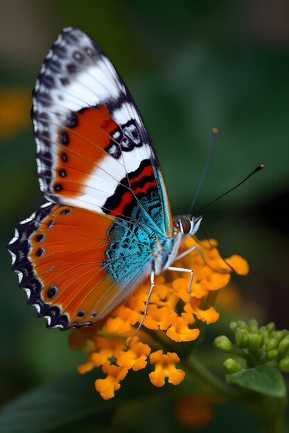 Ein Schmetterling mit orangefarbenen und blauen Flügeln ist auf einer Blume.