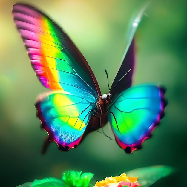 Foto ein schmetterling mit regenbogenflügeln landet auf einer von der ki generierten blume