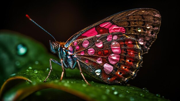 Ein Schmetterling mit rosa und blauen Flügeln sitzt auf einem grünen Blatt.