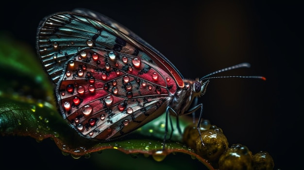 Ein Schmetterling mit roten und grünen Flügeln sitzt auf einem Blatt.