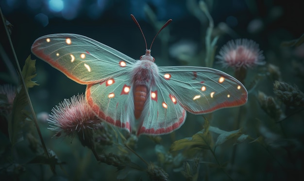 Ein Schmetterling mit roten und grünen Flügeln wird vom Licht des Nachthimmels beleuchtet.