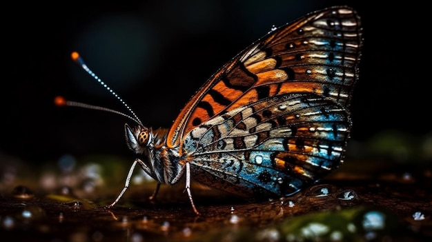 Ein Schmetterling mit schwarzem Hintergrund und orange-blauen Flügeln.