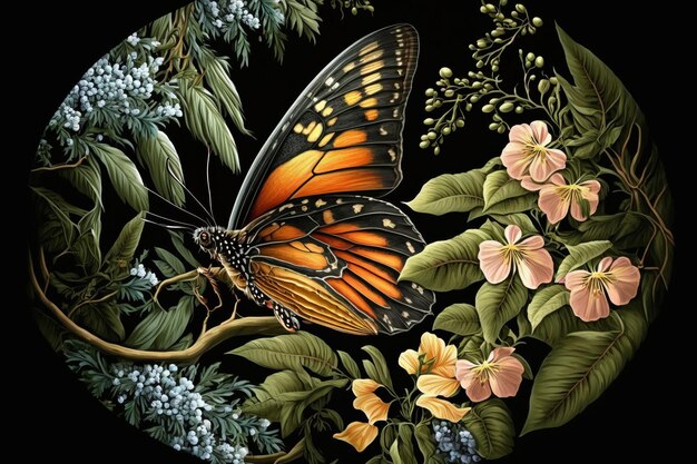 Ein Schmetterling sitzt auf einem Ast mit Blüten und Blättern.